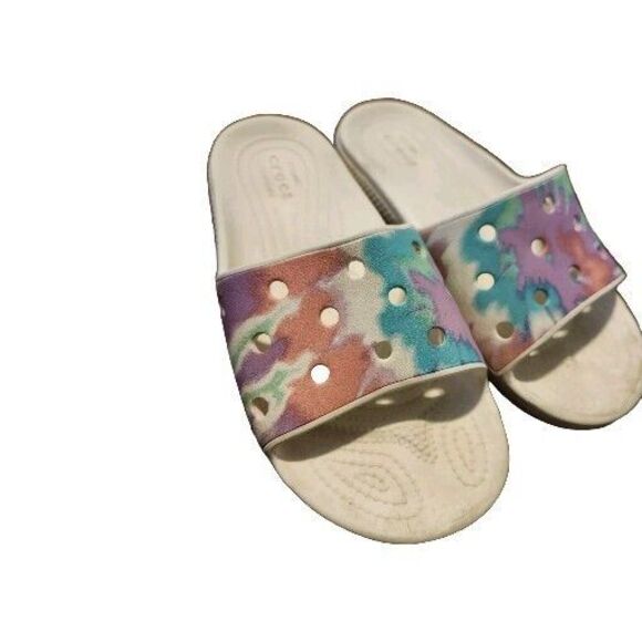 Crocs Tie Dye Graphic Classic Slip On Shoes Women's Size 7 White Colorful Slide - Picture 3 of 8